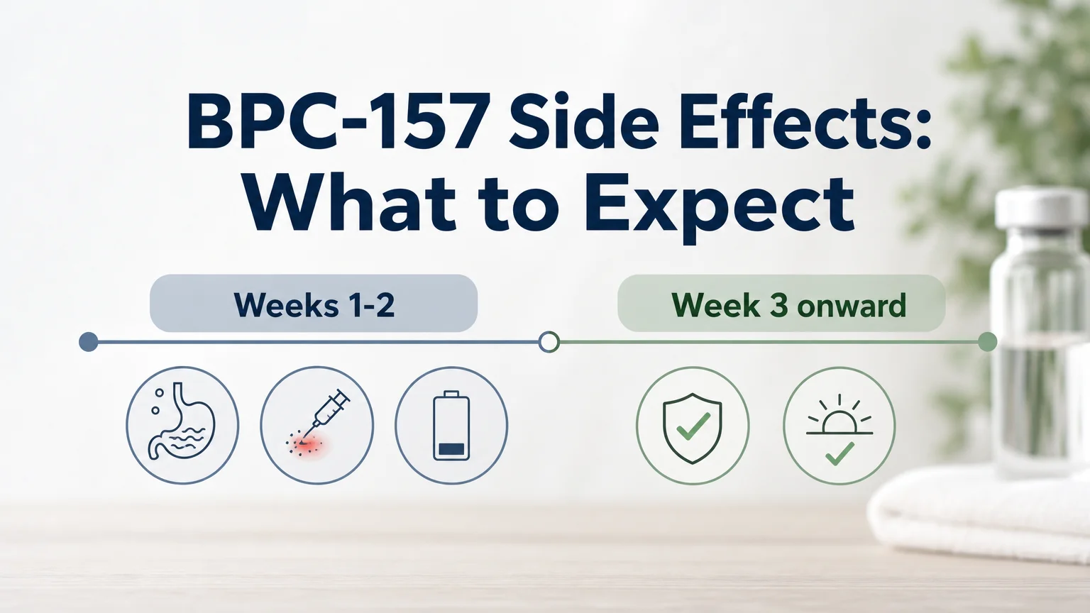 BPC-157 side effects timeline showing weeks 1-2 adjustment icons and week 3 onward checkmarks
