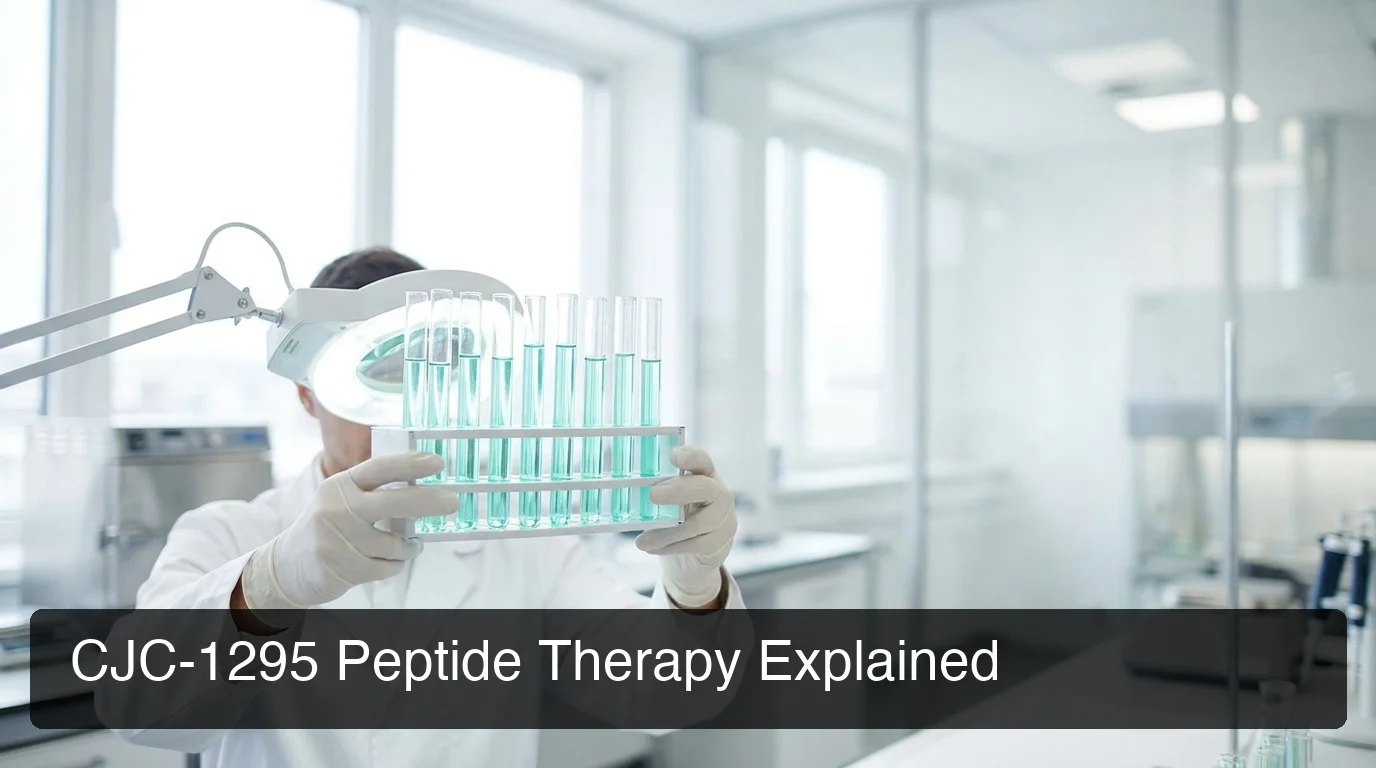 CJC-1295 peptide therapy guide showing lab researcher examining peptide compounds in research facility
