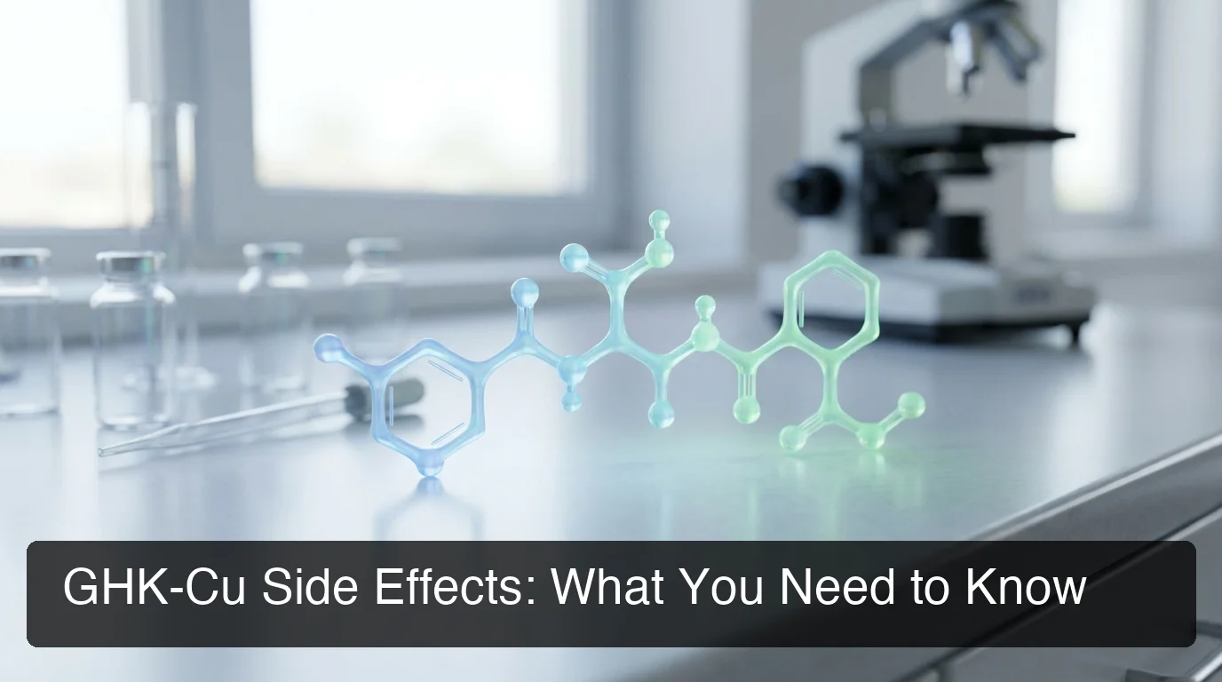 GHK-Cu side effects overview showing molecular peptide visualization in a clean biotech setting