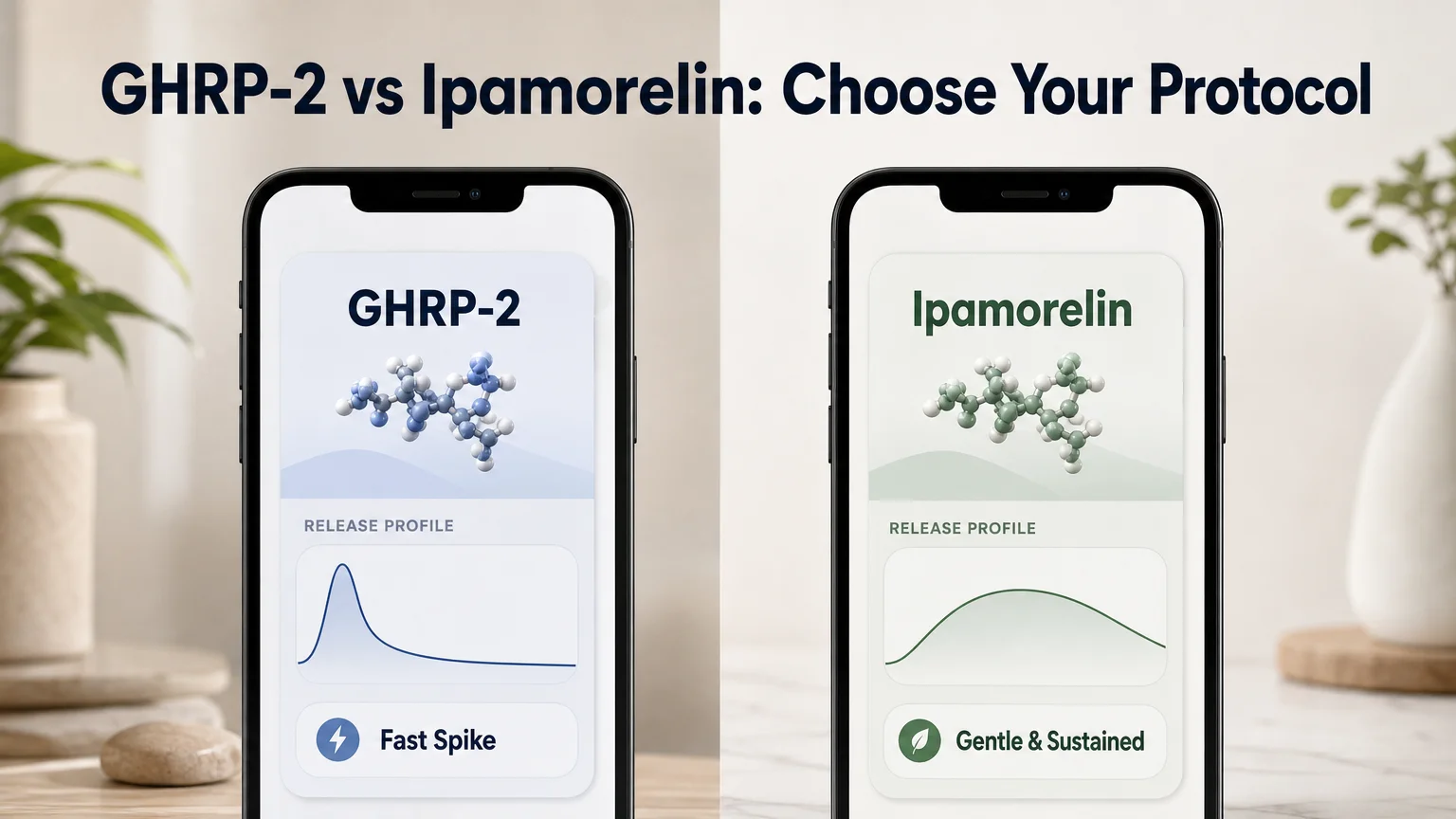 GHRP-2 vs Ipamorelin protocol comparison shown on a mobile app interface with release profile cards