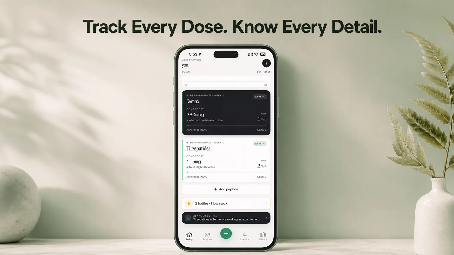PeptideIQ glp-1 tracking app showing active protocol cards and adherence tracking on the Today screen