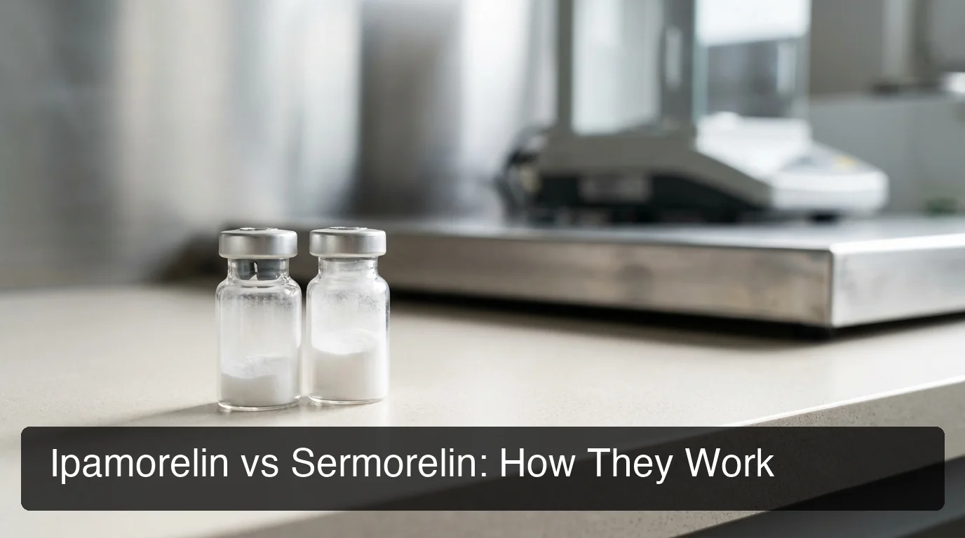 PeptideIQ ipamorelin vs sermorelin growth hormone pathway comparison with two peptide vials in laboratory setting