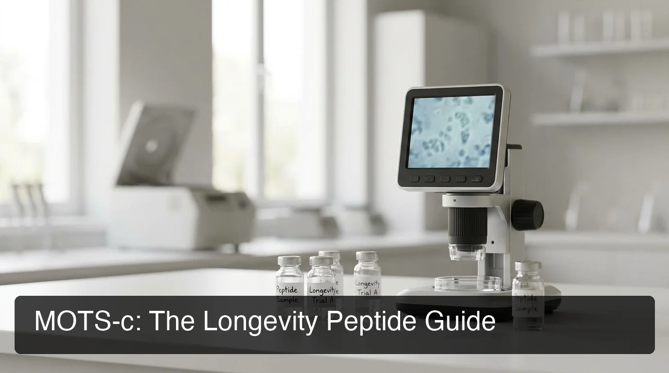 MOTS-c peptide longevity research lab with vials and microscopy equipment