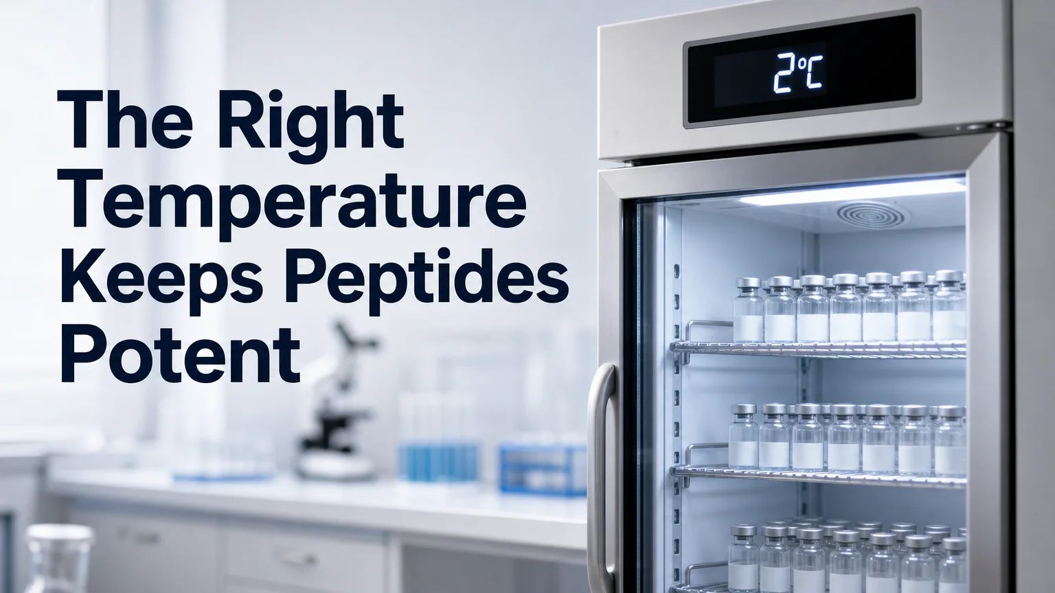 Peptide storage temperature displayed at 2C on a pharmaceutical-grade lab refrigerator storing vials