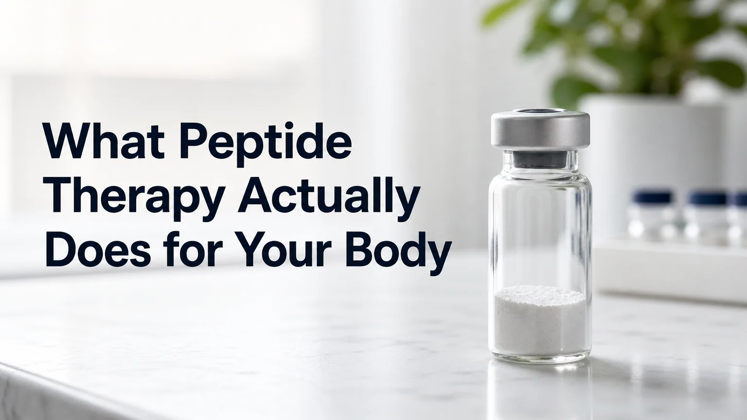 peptide therapy benefits illustrated by a single peptide vial on a clinical lab counter