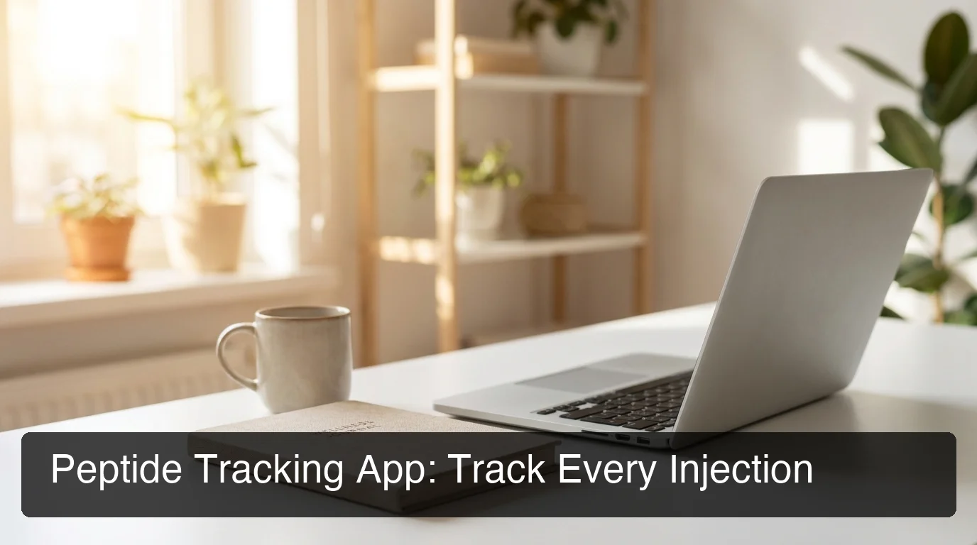Peptide tracking app showing dose log and protocol calendar on a clean desk setup