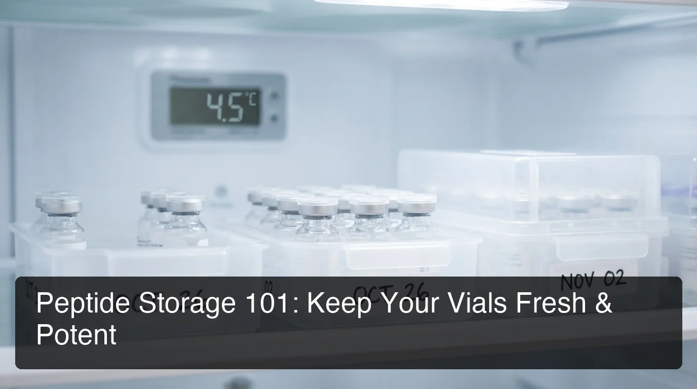 peptide vial storage with organized refrigerator shelf showing multiple labeled peptide vials at 2–8°C
