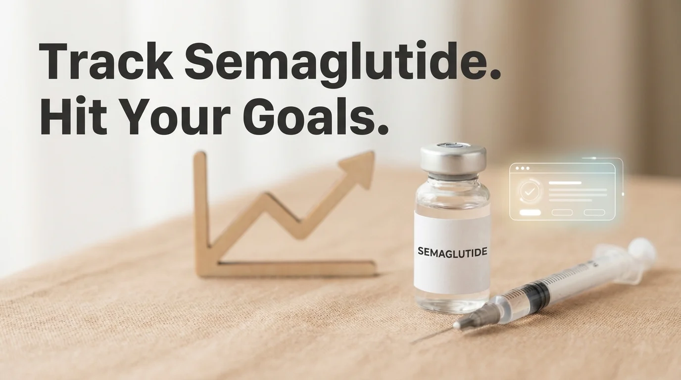 PeptideIQ semaglutide tracking app dashboard concept with vial, syringe, and progress chart