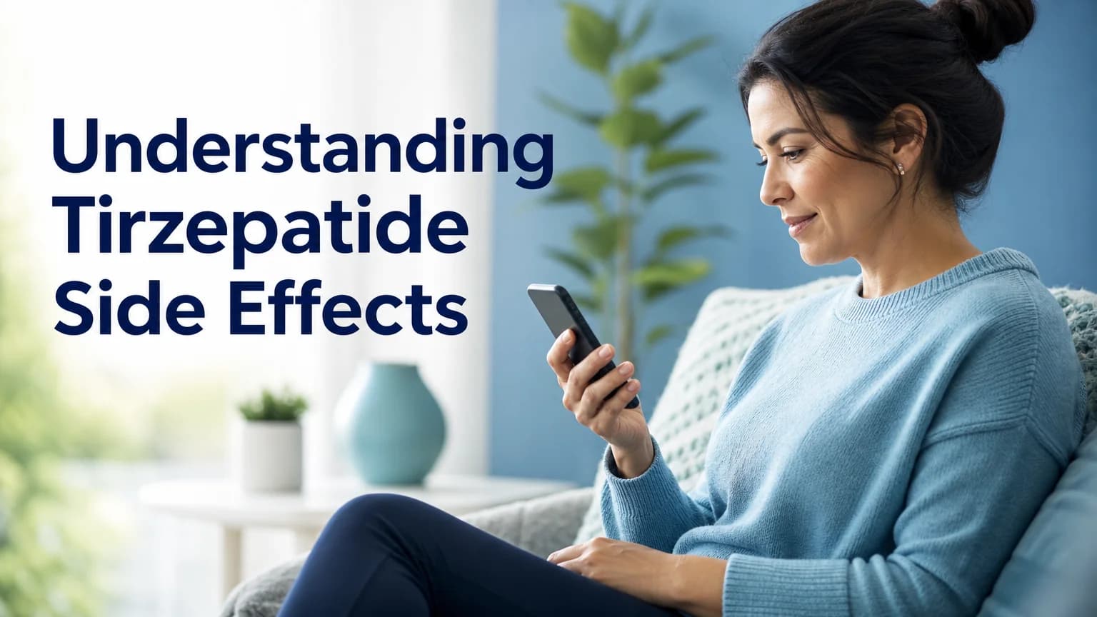Person reviewing tirzepatide side effects tracking on a smartphone in a calm home setting
