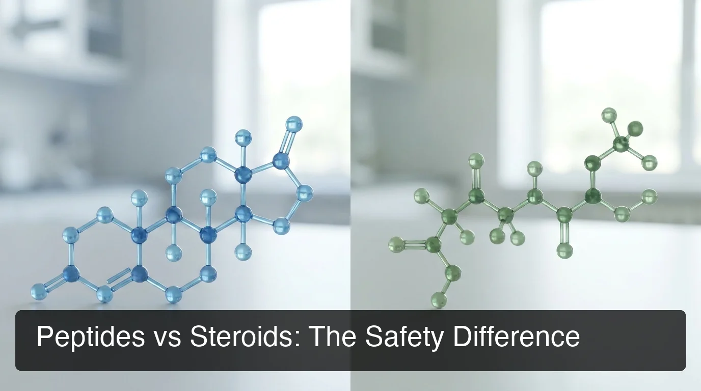 PeptideIQ graphic answering are peptides safer than steroids with a split molecular structure comparison