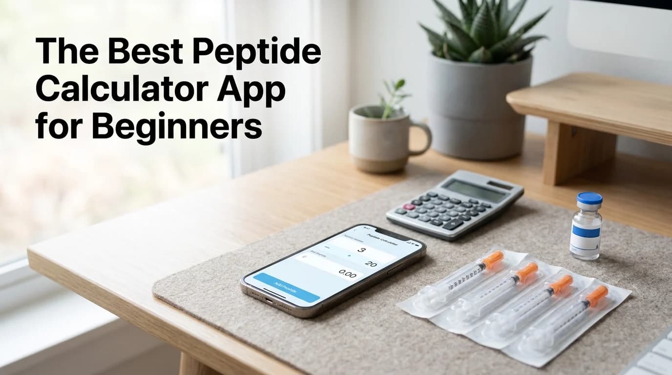 PeptideIQ which peptide calculator app is best for beginners shown with a phone calculator and organized syringes on a desk