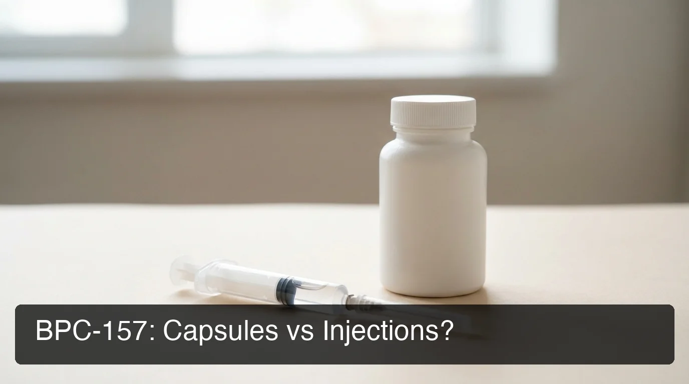 PeptideIQ comparison of bpc 157 capsules vs injection showing a syringe and oral capsule side by side