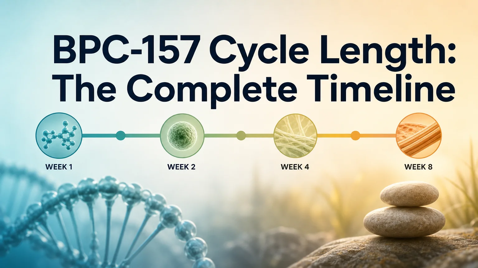 PeptideIQ bpc-157 cycle length timeline showing a 4-to-8 week healing curve