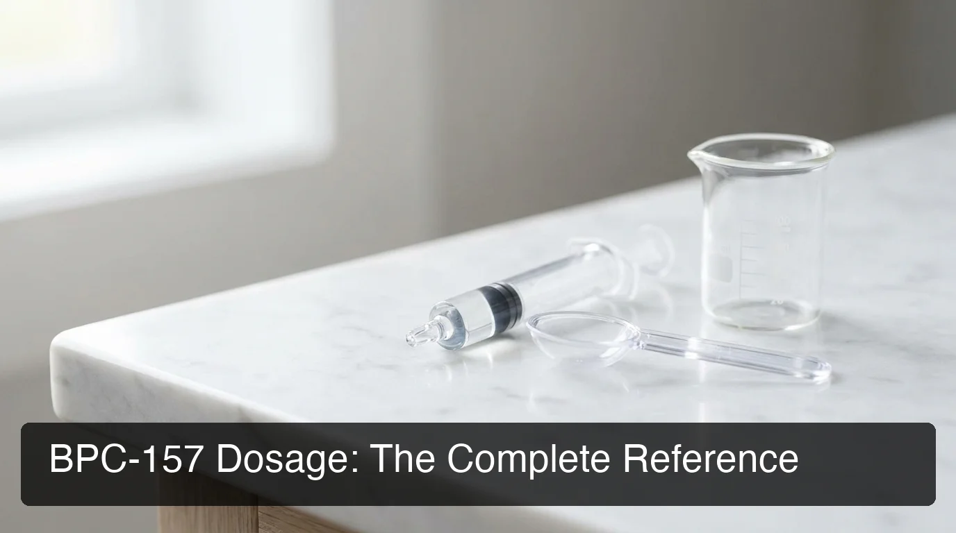 PeptideIQ bpc 157 dosage reference — syringe and dose measurement on clean marble surface