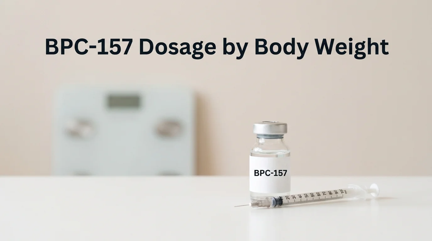 PeptideIQ bpc-157 dosage chart by weight showing a vial, syringe, and body-weight scale on a clinic table