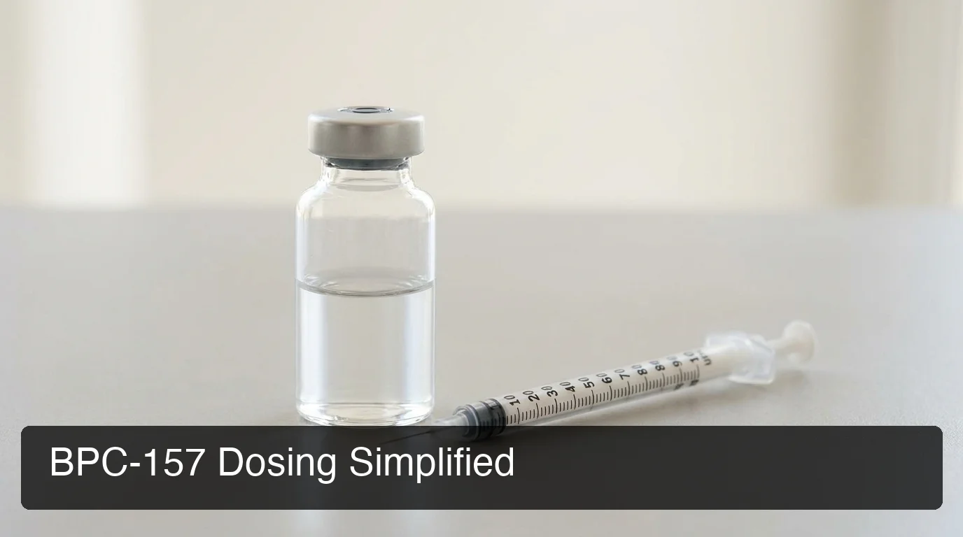 PeptideIQ bpc 157 dosing chart reference showing a reconstituted vial and syringe drawn to a precise dose mark