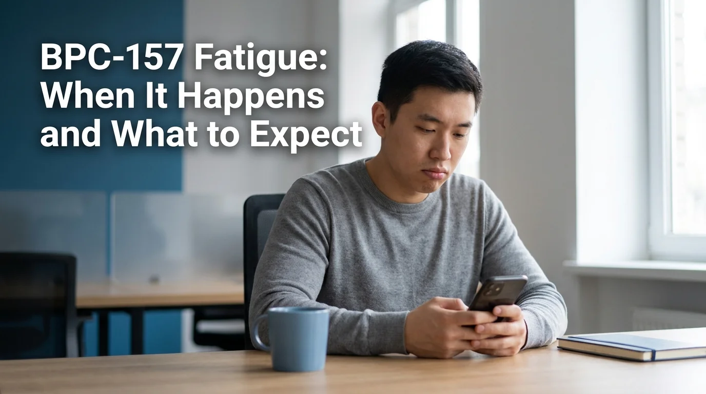 PeptideIQ bpc-157 fatigue shown as a person checking their phone mid-afternoon during a protocol