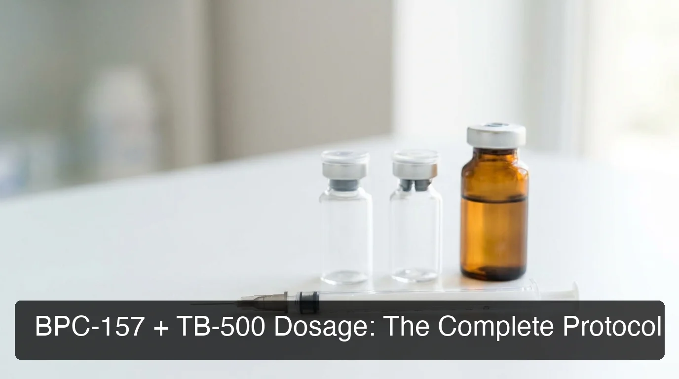 PeptideIQ bpc-157 tb-500 dosage setup showing vials, bacteriostatic water, and insulin syringe on clinical workspace