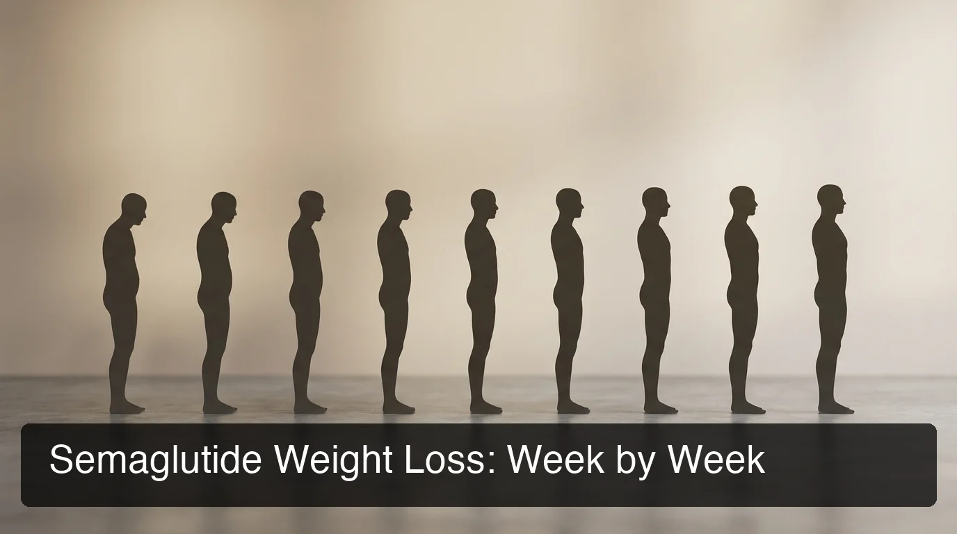 PeptideIQ semaglutide weight loss timeline shown as a before and after silhouette progression over 8 weeks