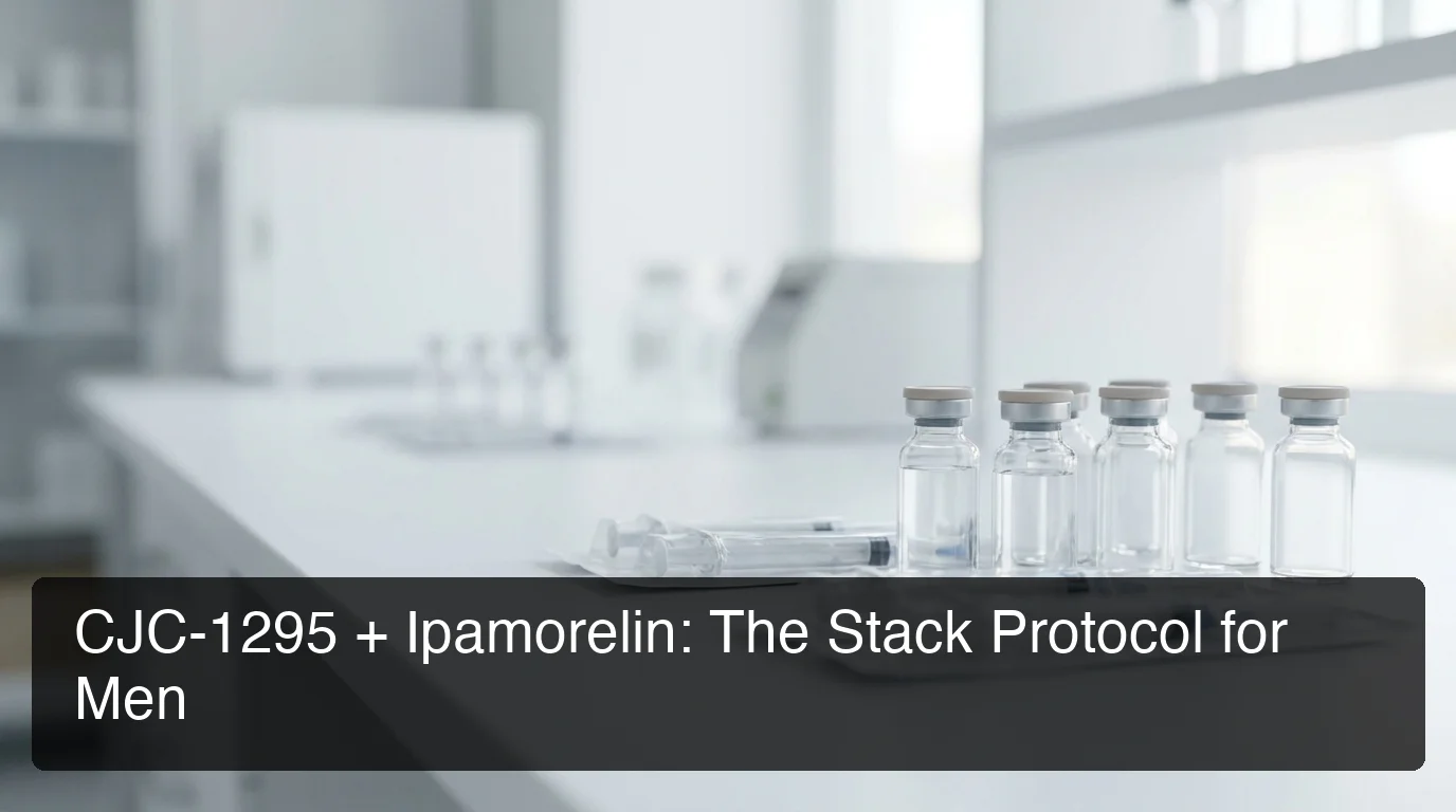 PeptideIQ CJC-1295 ipamorelin for men growth hormone stack peptide vials in laboratory with clinical lighting