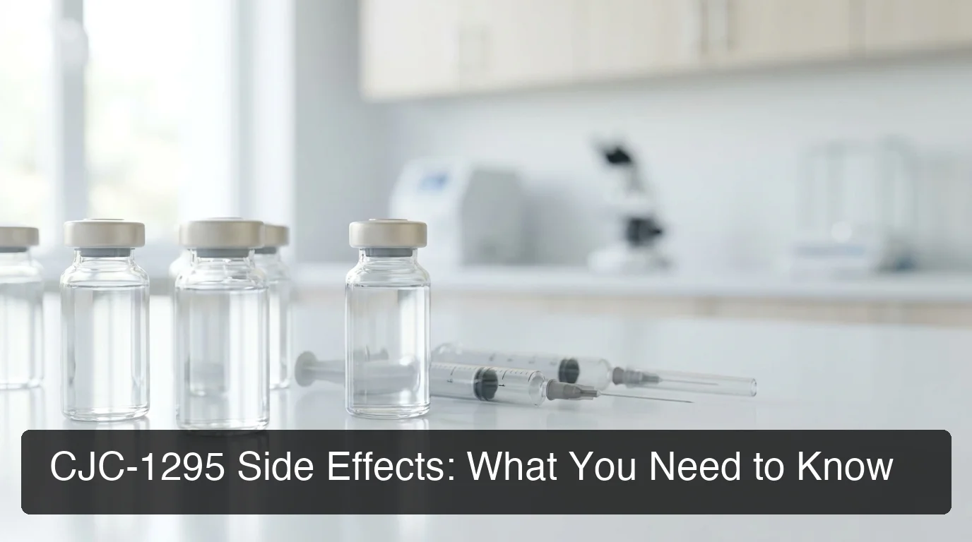 CJC-1295 side effects guide showing peptide vials and syringe in a clean laboratory setting