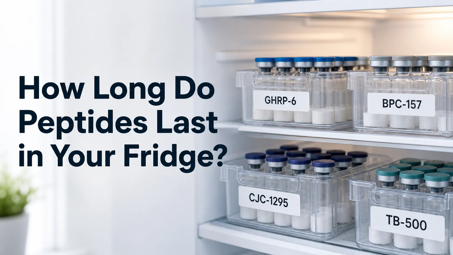 PeptideIQ refrigerator shelf showing how long do peptides last in fridge with labeled BPC-157, TB-500, CJC-1295, and GHRP-6 vials