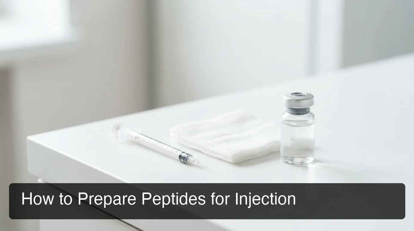 How to prepare peptides for injection showing insulin syringe, sterile gauze, and vial on clean clinical white surface