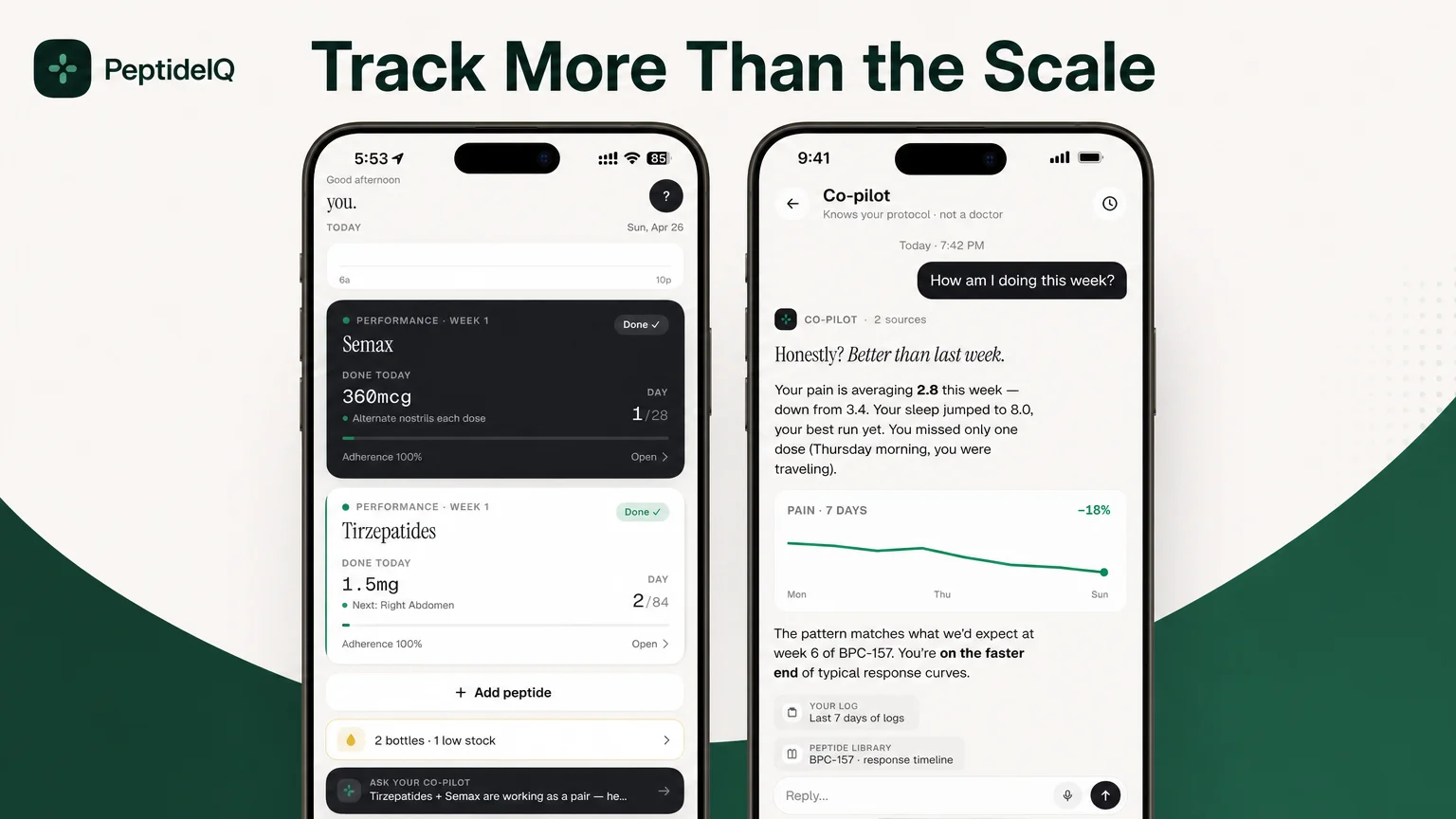 PeptideIQ how to track glp-1 progress: Today protocol screen beside the AI co-pilot weekly summary
