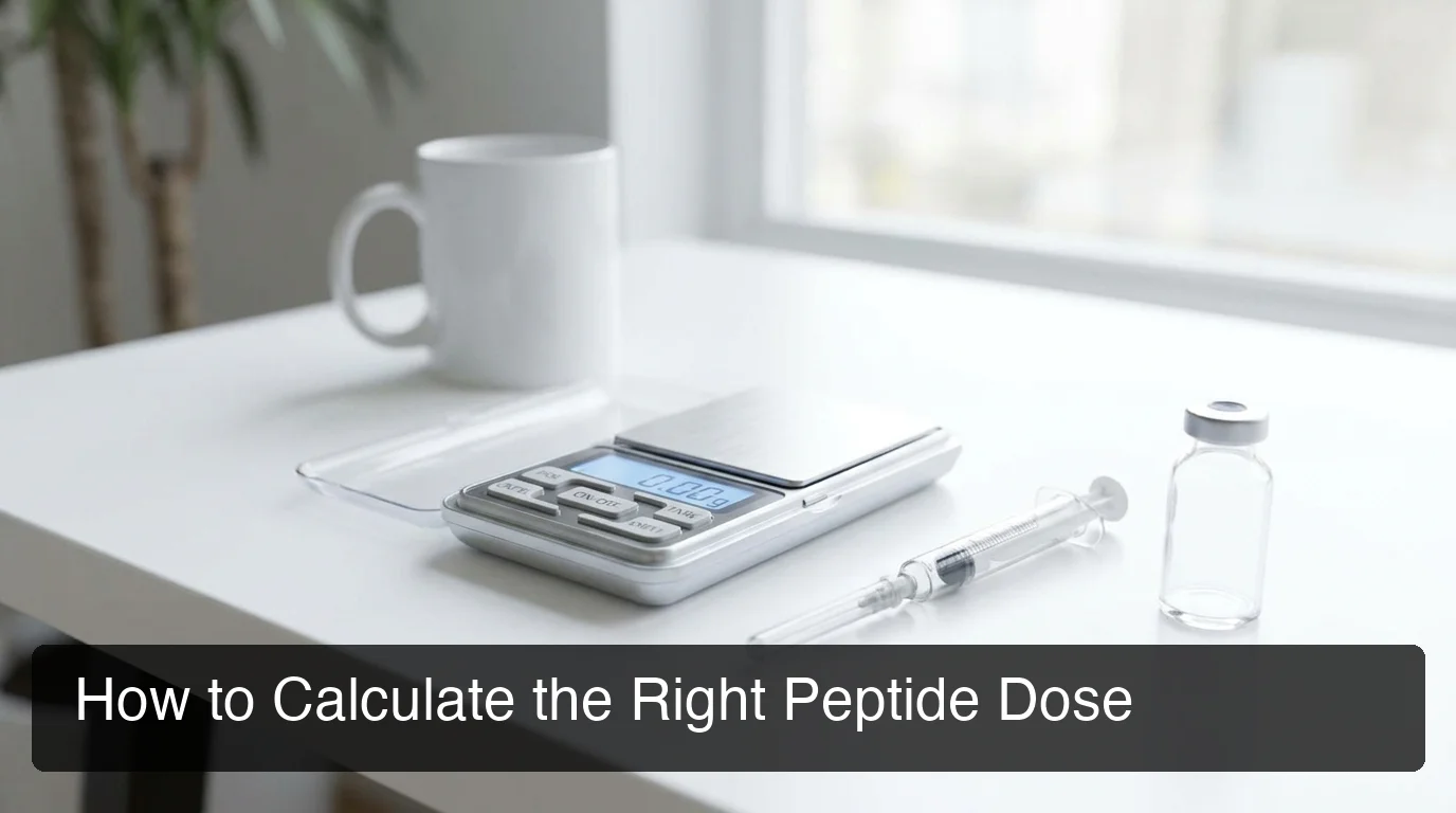 Peptide dose calculator setup showing precision tools and syringe on a clean minimal workspace