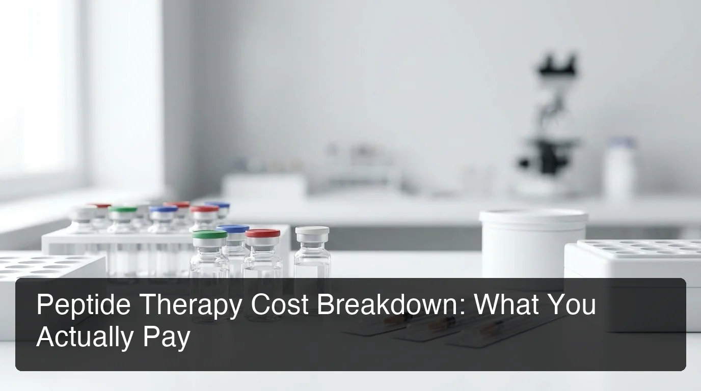 Peptide therapy cost breakdown showing vials, syringes, and healthcare lab products on a clean clinical white surface