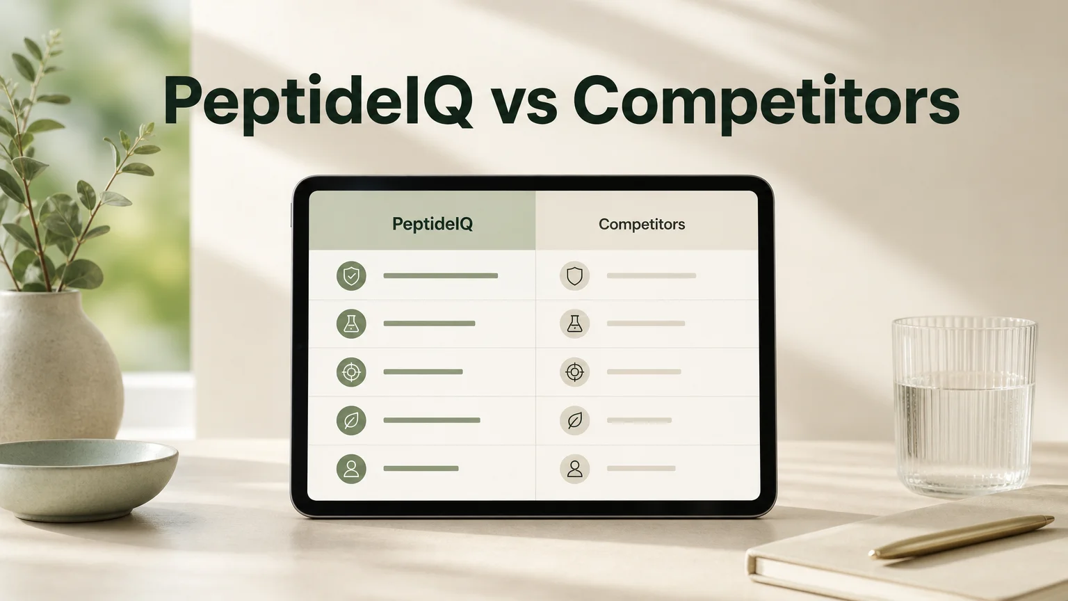 PeptideIQ vs competitors comparison table on a tablet with PeptideIQ and Competitors columns