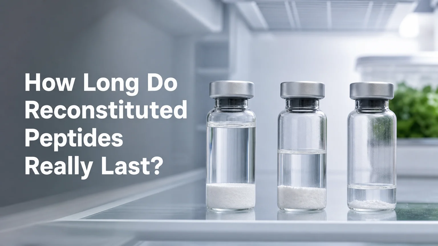 PeptideIQ reconstituted peptide shelf life shown across fresh, mid-cycle, and expiring vials on a fridge shelf