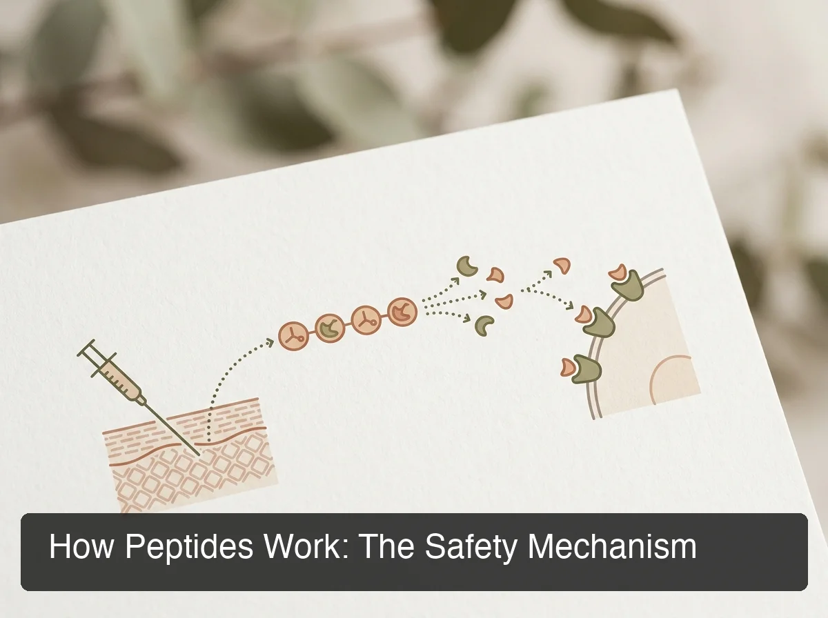 Infographic showing how a peptide chain is absorbed, broken down, and binds to receptors after subcutaneous injection