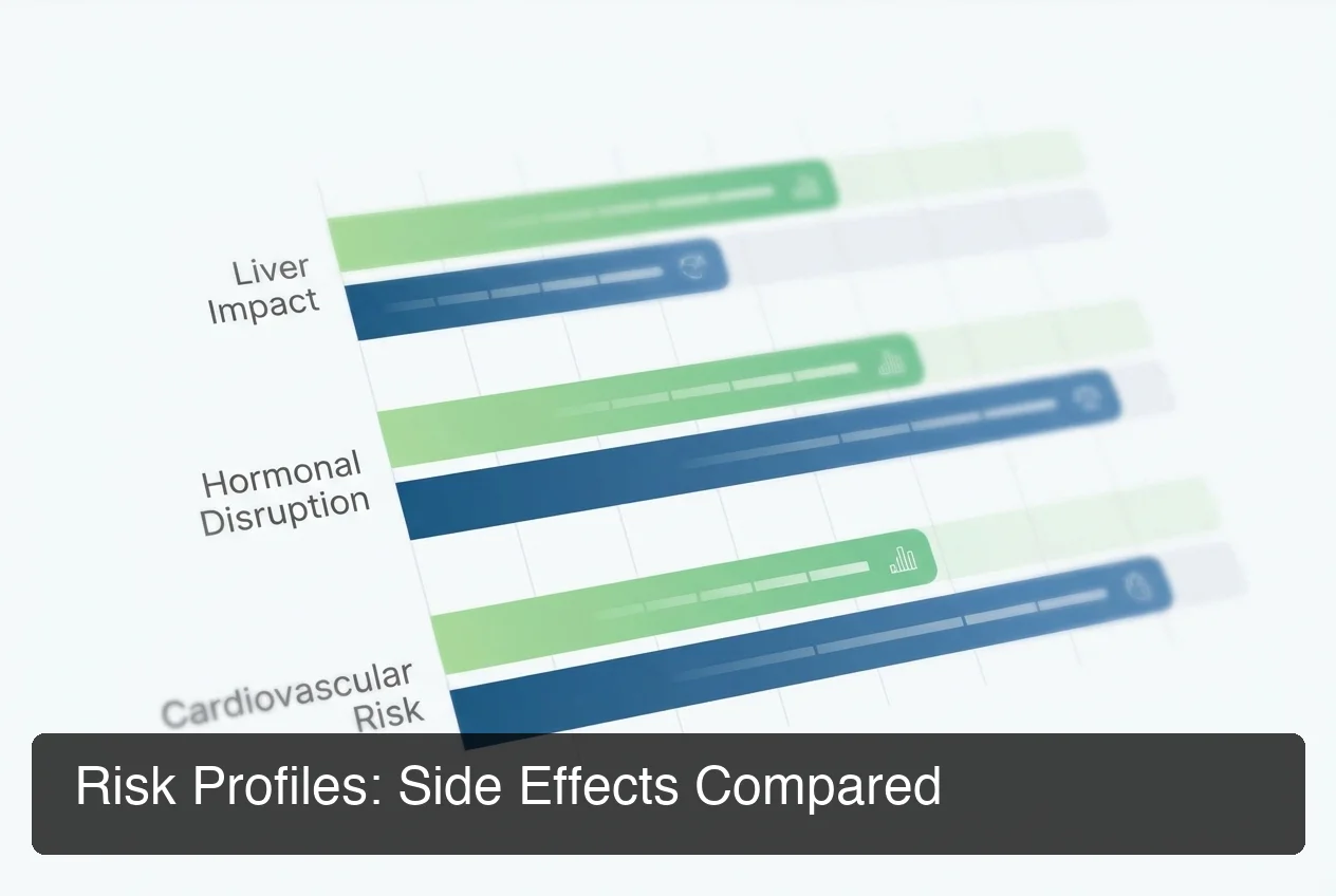 PeptideIQ chart comparing peptides vs steroids side effects across liver, hormonal, and cardiovascular risk categories