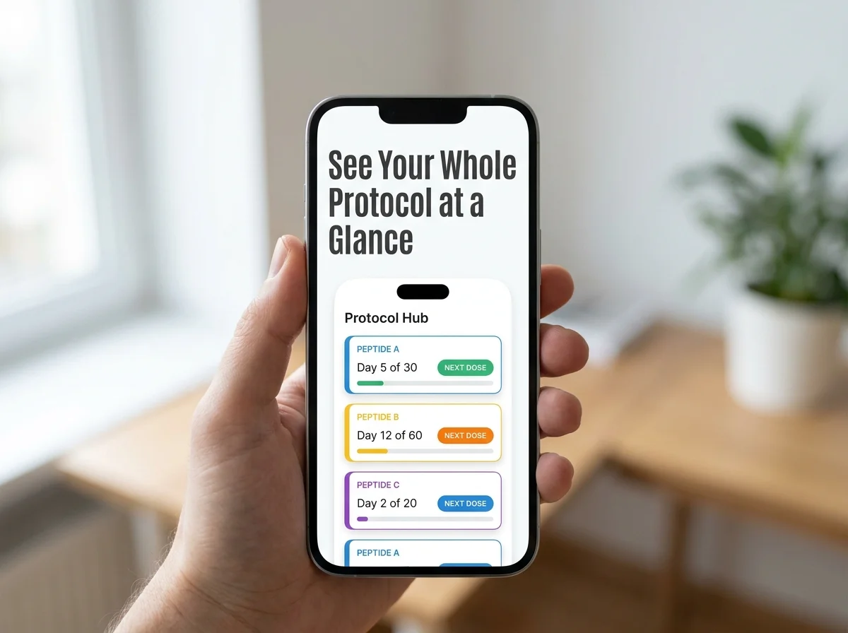 PeptideIQ Protocol Hub showing color-coded peptide cards with cycle day counters for a best peptide tracking app