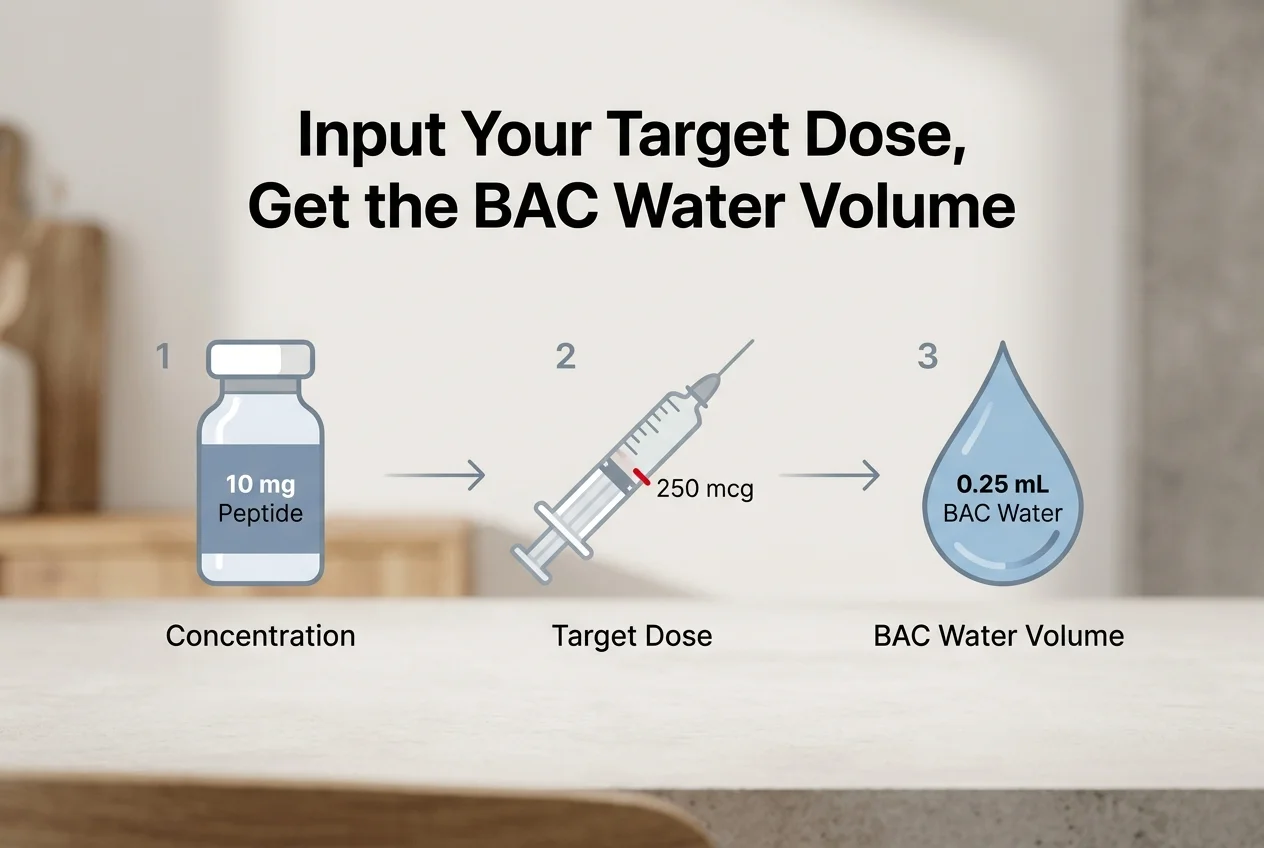 PeptideIQ reverse calculator workflow showing vial concentration, target dose, and BAC water volume result