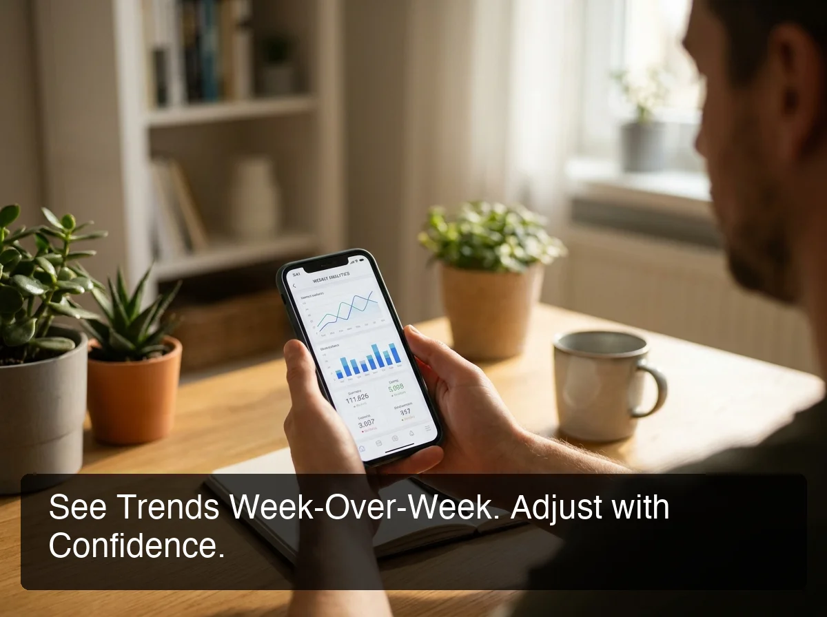 PeptideIQ weekly AI insights display showing peptide tracking app trend data, energy adherence, and cycle phase commentary