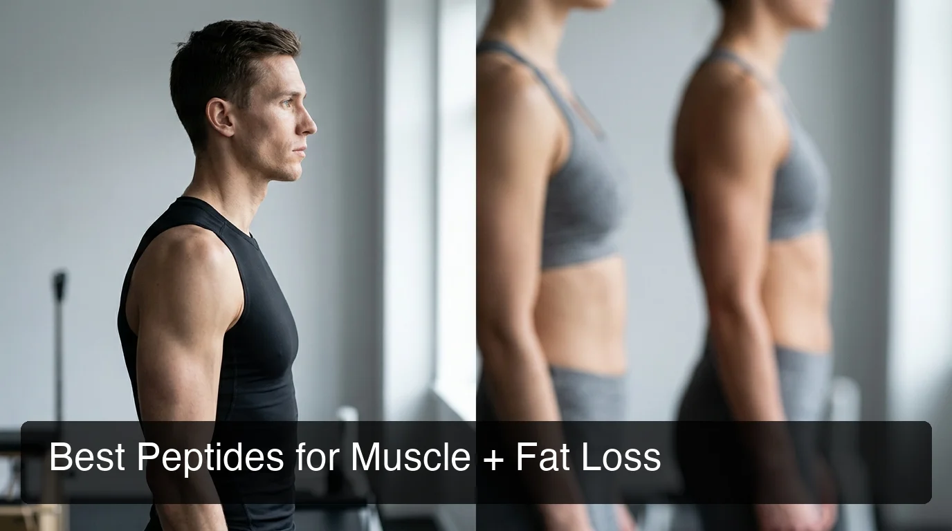 PeptideIQ best peptides for muscle growth and fat loss shown as a lean athlete profile alongside physique progress tracking