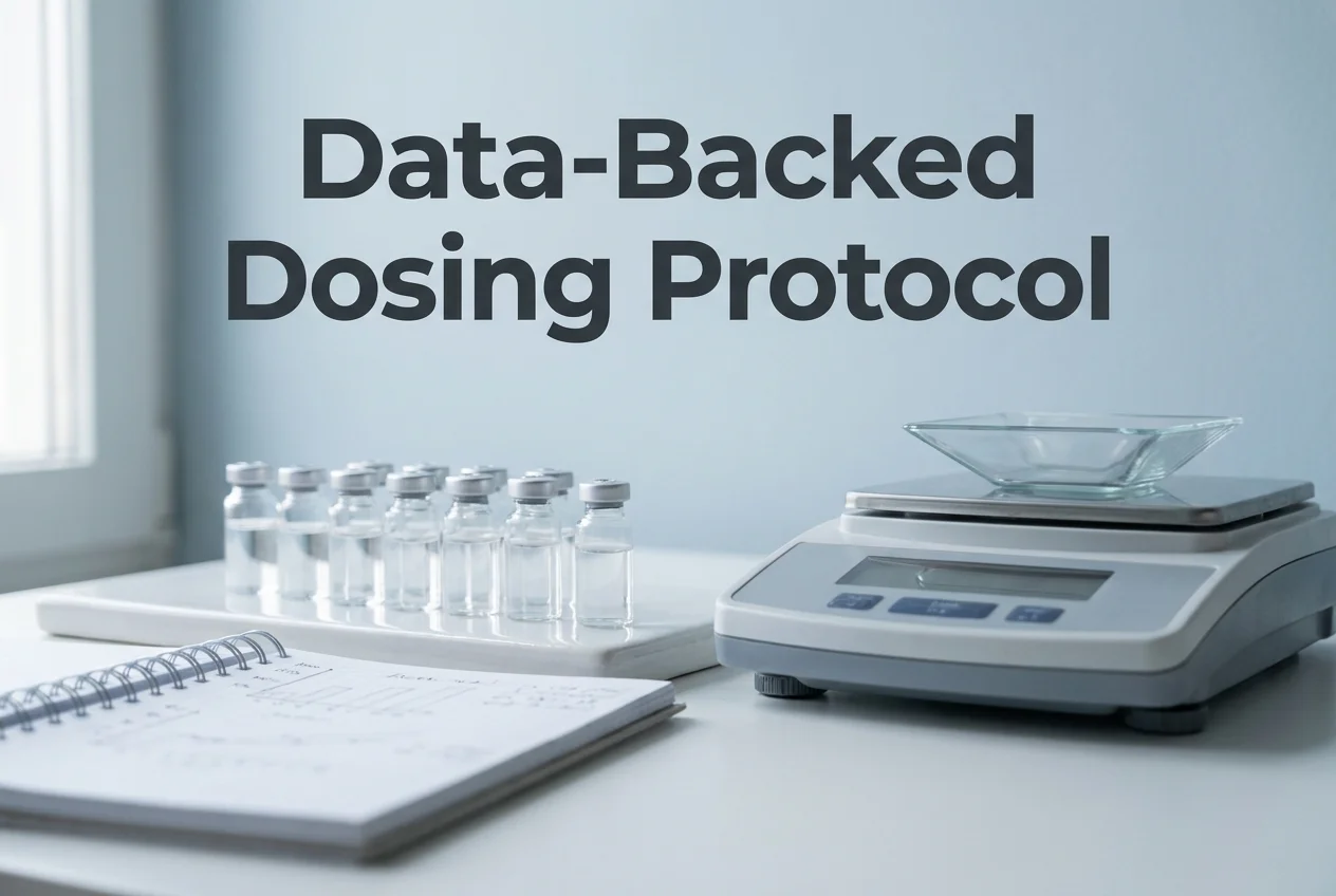 Peptide vials, a precision scale, and a dosing notebook arranged on a clinical research table
