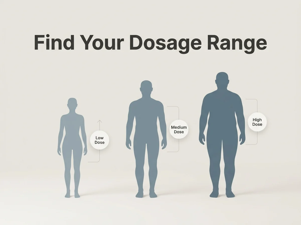 PeptideIQ weight-tier dosage guide graphic showing low, medium, and high dose brackets scaled to body size