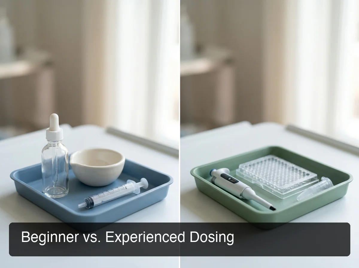 PeptideIQ bpc 157 dosing chart — beginner versus experienced dosing comparison in soft medical palette