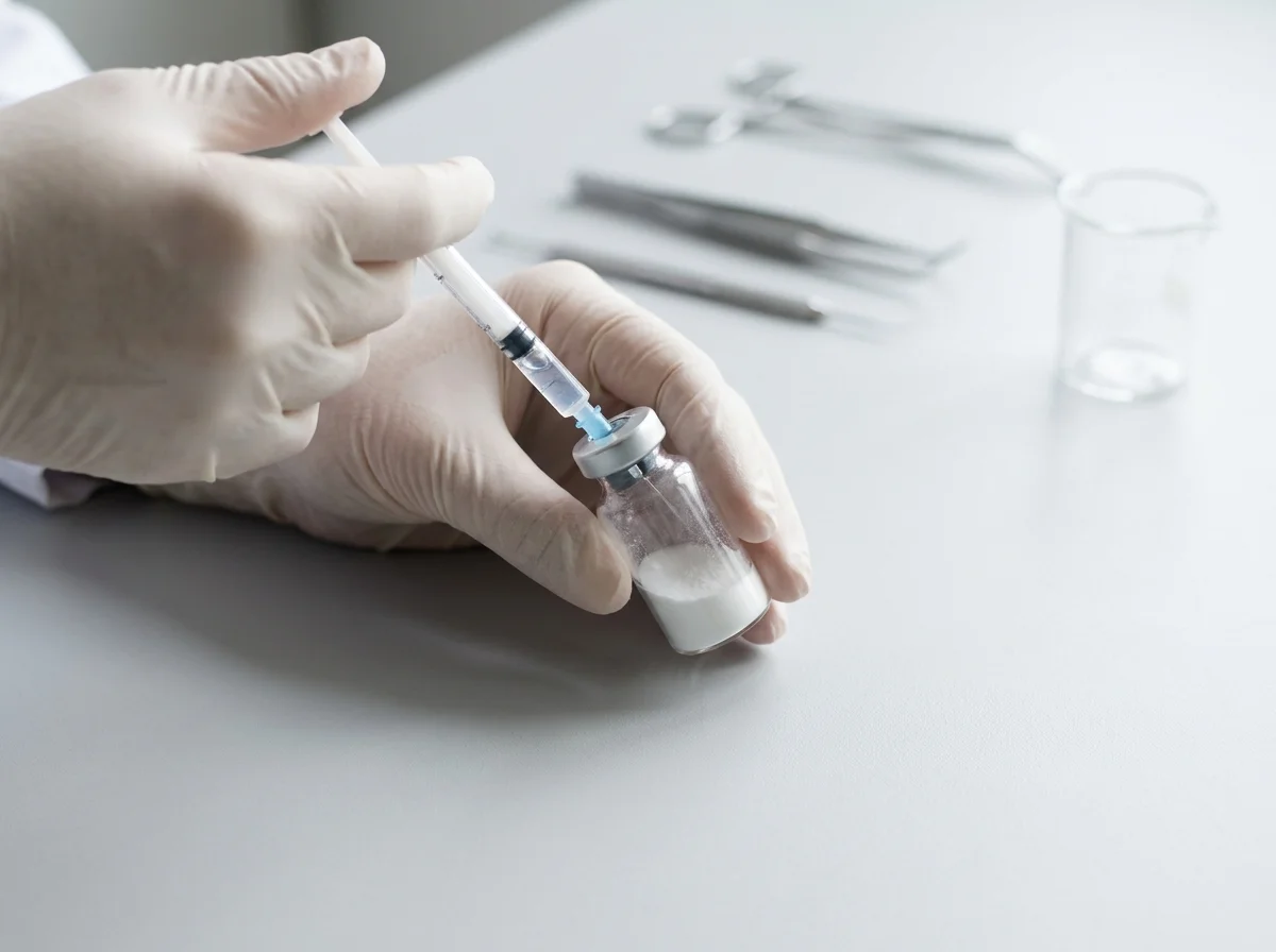 Hands preparing a BPC-157 injection dose showing the reconstitution and draw process
