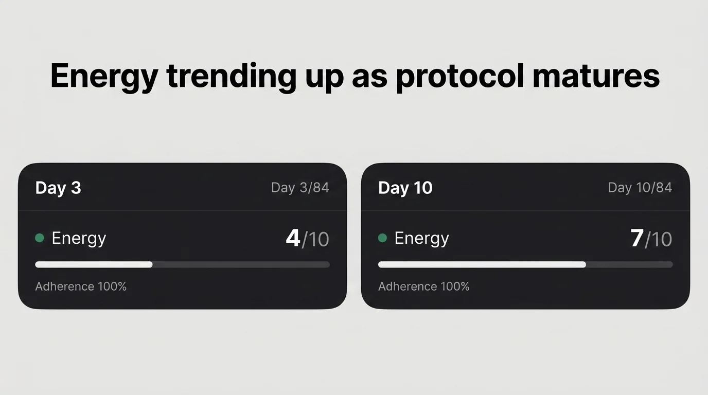 PeptideIQ energy tracking screen showing the daily 1-10 slider trending from day 3 to day 10 of a BPC-157 protocol