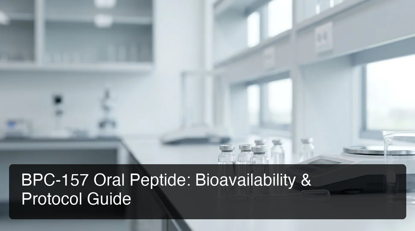 BPC-157 oral peptide protocols guide showing laboratory vials and dosing equipment on clean lab surface