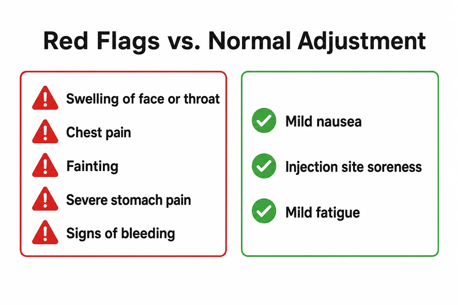 BPC-157 side effects red flags compared with normal adjustment symptoms in a medical checklist