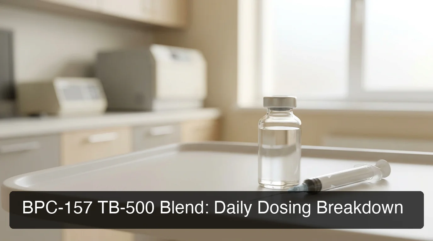 PeptideIQ bpc-157 tb-500 blend dosage per day shown with a reconstituted vial and syringe in a lab setting
