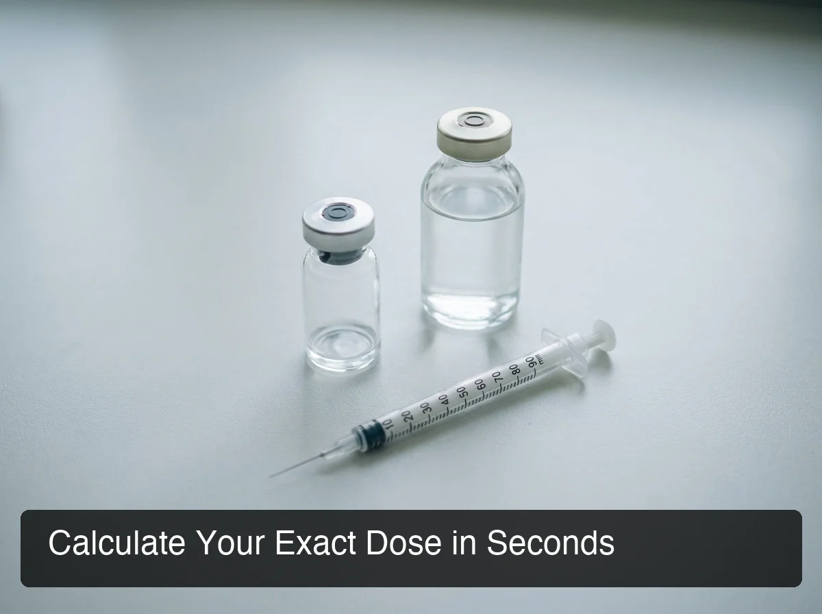 PeptideIQ peptide dosage calculator showing reconstitution workflow with vial and syringe illustration