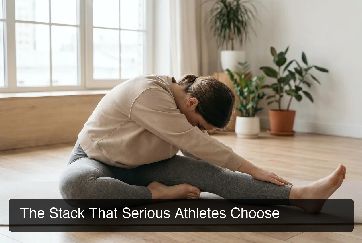 Athlete in recovery demonstrating bpc-157 and tb-500 synergy stack showing active professional in post-workout recovery stretch in minimal clean setting
