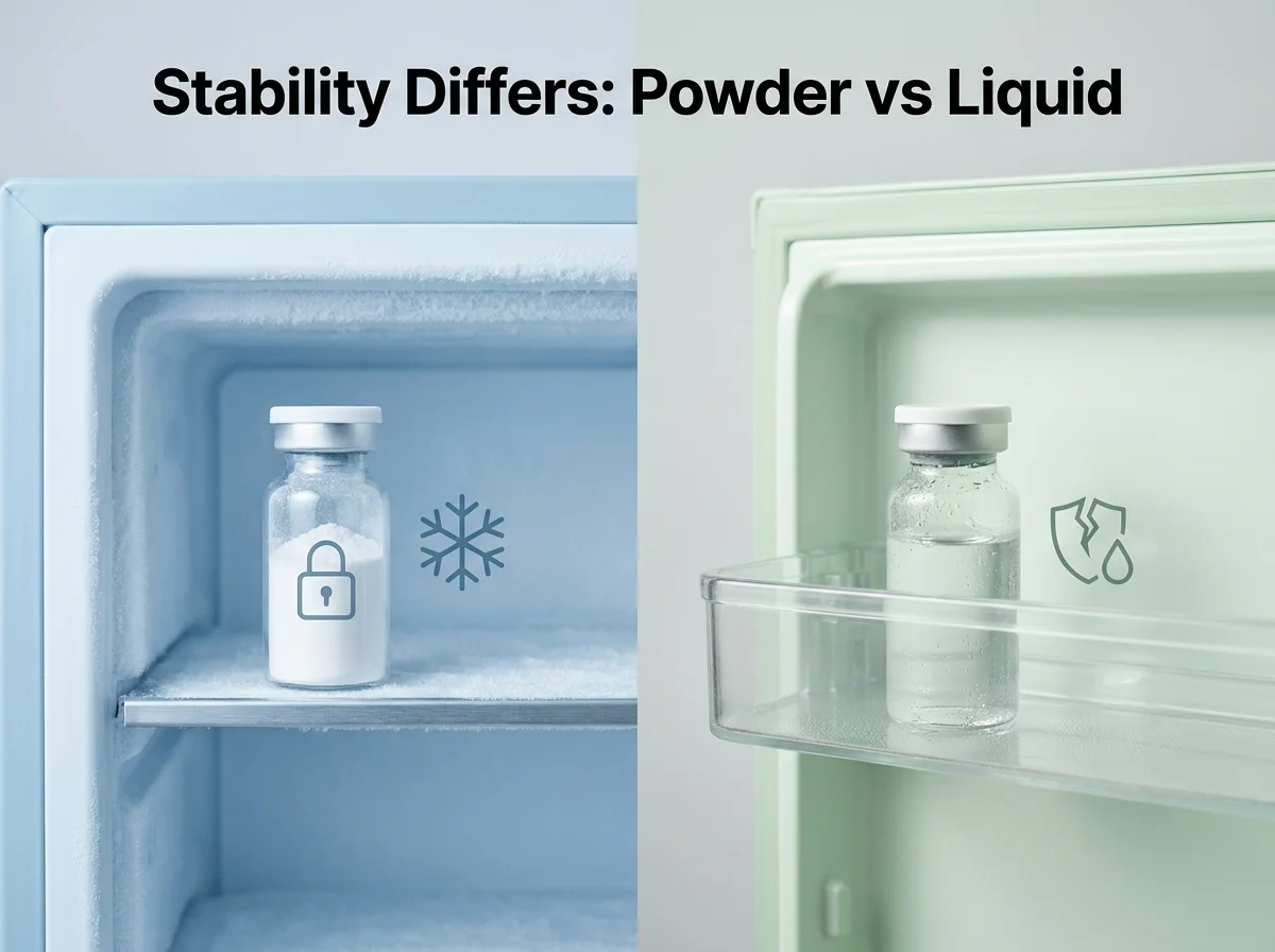 Freeze-dried peptide powder vial versus reconstituted liquid vial illustrating why freezing peptides long term differs by form