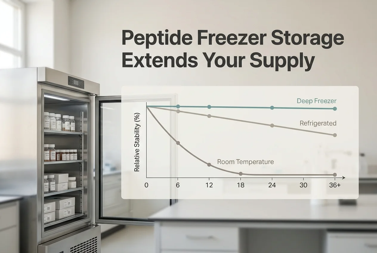 Peptide freezer storage timeline comparing shelf-life decay at room temperature, refrigeration, and deep freeze